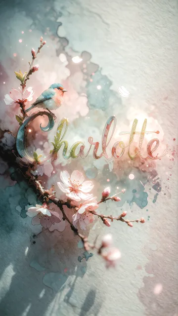 Charlotte diseño 11 - Un delicado diseño de estilo acuarela digital que combina una tipografía de caligrafía personalizada para el nombre en tonos dorados y rosados suaves, adornada con pequeñas hojas y brotes. Un pajarito azul y naranja vibrante está posado en una de las letras. Todo está rodeado por un marco circular de ramas de cerezo en flor con delicadas flores rosadas y blancas. El fondo es un lavado de acuarela difuminado en tonos pastel suaves de azul cerceta, rosa rubor y melocotón sobre una textura de papel rugoso, con destellos luminosos y motas de luz bokeh flotando alrededor, creando una atmósfera mágica y soñadora. Las sombras suaves proyectadas añaden profundidad.