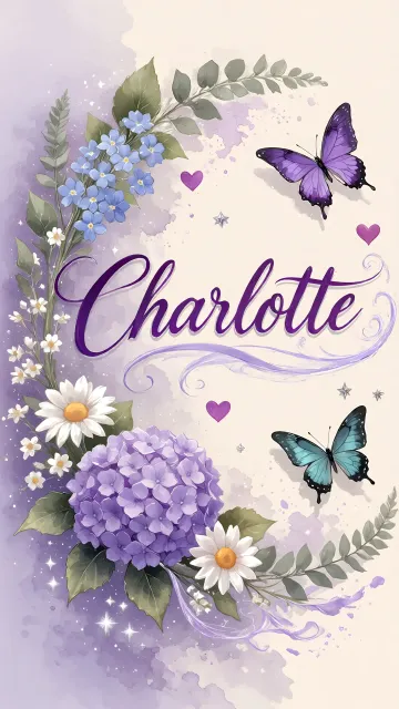 Charlotte diseño 2 - Diseño elegante de hortensias en tonos lila y morados suaves, con volutas estilizadas y una mariposa mística que aporta un toque etéreo y mágico.
