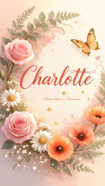 Charlotte diseño 3 - Elegante composición de rosas rosadas y amapolas naranjas con mariposas doradas brillantes sobre un fondo cálido, romántico y mágico.
