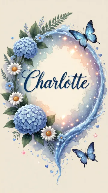 Charlotte diseño 4 - Composición magica con nombre en letra cursiva azul, rodeado de hortensias azules, margaritas blancas y delicadas flores silvestres, enmarcado por suaves remolinos de agua, mariposas azules y destellos estelares sobre un fondo etéreo y romántico.