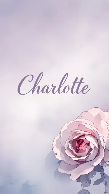 Charlotte diseño 5 - Nombre en elegante tipografía cursiva caligráfica en tono lavanda, sobre fondo acuarela de cielo nublado en tonos pastel (azul, blanco, lavanda), decorado con rosa en acuarela de pétalos rosa pálido, blanco crema y lilas suaves con hojas en gris-verde.