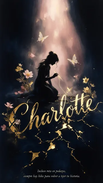 Charlotte diseño 6 - Composición de ilustración semirrealista cinematográfica con silueta femenina tejiendo un hilo dorado de luz sobre un suelo oscuro fracturado al estilo Kintsugi, donde el nombre resalta en un prominente guión caligráfico dorado que emerge de las grietas, rodeado de flores blancas, mariposas y un fondo degradado de azules profundos iluminado por una luz celestial en tonos melocotón y crema, con una frase de aliento en tipografía blanca en la parte inferior.