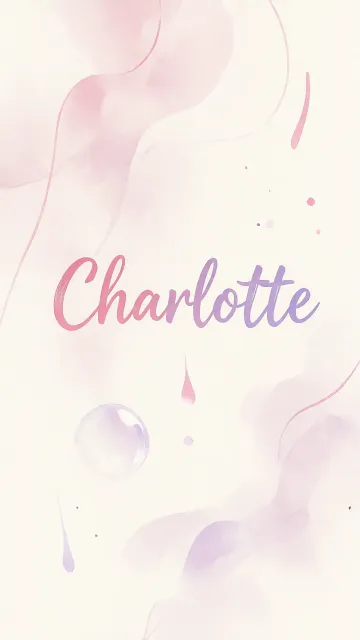 Charlotte diseño 7 - Diseño abstracto en acuarela sobre fondo crema, con manchas fluidas y etéreas en rosa pastel y lila, líneas curvas que aportan movimiento, pequeñas gotas salpicadas cayendo verticalmente y una burbuja translúcida en la parte superior izquierda. El nombre resalta al centro con una tipografía cursiva amplia y elegante en degradado rosa a morado.