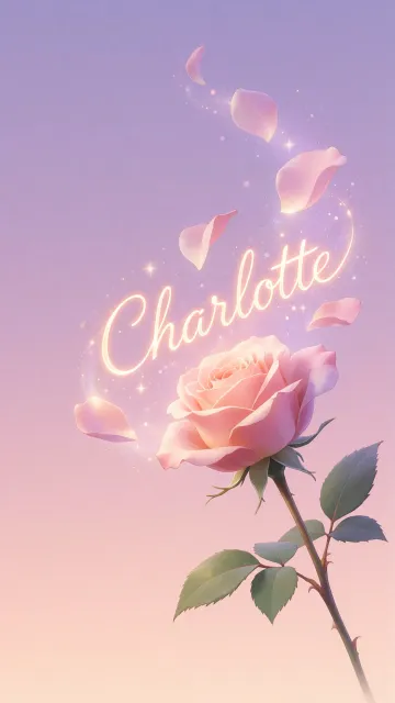 Charlotte diseño 8 - Fondo de Pantalla con degradado suave que transiciona de lila en la parte superior a melocotón y rosa pastel en la base, destacando una rosa rosada hiperrealista con tallo y hojas verdes. El nombre brilla en tipografía cursiva con efecto neón cálido, adornado con pétalos cayendo y chispas de luz mágica.