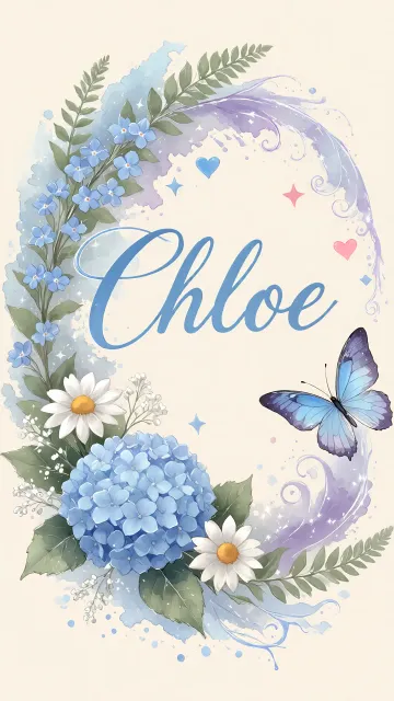 Chloe diseño 1 - Hortensias azules, flores pequeñas y acuarela suave con mariposas azules y brillo etéreo