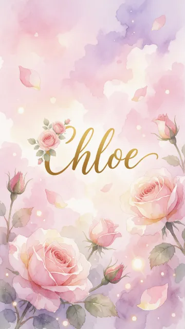 Chloe diseño 10 - Diseño estilo acuarela con un fondo etéreo y texturizado en nubes de tonos rosa pastel y lila suave. Presenta composiciones de rosas abiertas y capullos en los bordes inferior y superior, con pétalos cayendo delicadamente. Incorpora destellos de luz cálida (efecto bokeh) y, en el centro, resalta una tipografía elegante, cursiva y fluida en color dorado.