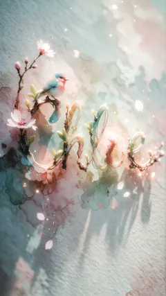 Chloe - Un delicado diseño de estilo acuarela digital que combina una tipografía de caligrafía personalizada para el nombre en tonos dorados y rosados suaves, adornada con pequeñas hojas y brotes. Un pajarito azul y naranja vibrante está posado en una de las letras. Todo está rodeado por un marco circular de ramas de cerezo en flor con delicadas flores rosadas y blancas. El fondo es un lavado de acuarela difuminado en tonos pastel suaves de azul cerceta, rosa rubor y melocotón sobre una textura de papel rugoso, con destellos luminosos y motas de luz bokeh flotando alrededor, creando una atmósfera mágica y soñadora. Las sombras suaves proyectadas añaden profundidad.