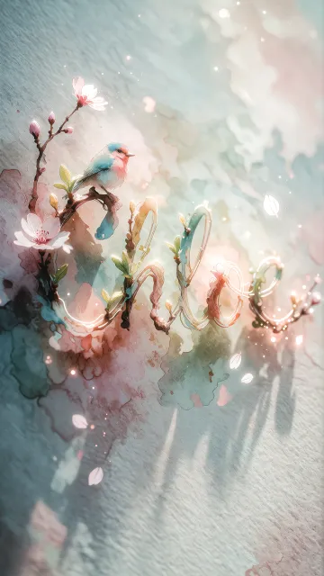 Chloe diseño 11 - Un delicado diseño de estilo acuarela digital que combina una tipografía de caligrafía personalizada para el nombre en tonos dorados y rosados suaves, adornada con pequeñas hojas y brotes. Un pajarito azul y naranja vibrante está posado en una de las letras. Todo está rodeado por un marco circular de ramas de cerezo en flor con delicadas flores rosadas y blancas. El fondo es un lavado de acuarela difuminado en tonos pastel suaves de azul cerceta, rosa rubor y melocotón sobre una textura de papel rugoso, con destellos luminosos y motas de luz bokeh flotando alrededor, creando una atmósfera mágica y soñadora. Las sombras suaves proyectadas añaden profundidad.