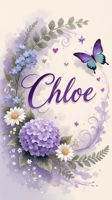 Chloe diseño 2 - Diseño elegante de hortensias en tonos lila y morados suaves, con volutas estilizadas y una mariposa mística que aporta un toque etéreo y mágico.