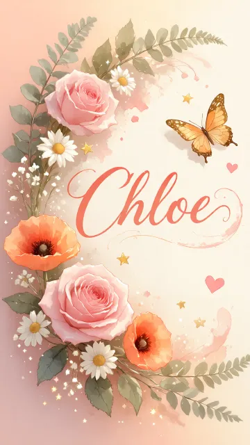 Chloe diseño 3 - Elegante composición de rosas rosadas y amapolas naranjas con mariposas doradas brillantes sobre un fondo cálido, romántico y mágico.