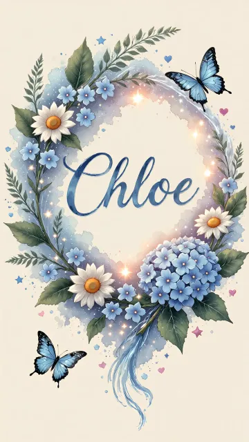 Chloe diseño 4 - Composición magica con nombre en letra cursiva azul, rodeado de hortensias azules, margaritas blancas y delicadas flores silvestres, enmarcado por suaves remolinos de agua, mariposas azules y destellos estelares sobre un fondo etéreo y romántico.
