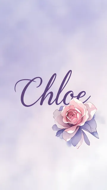 Chloe diseño 5 - Nombre en elegante tipografía cursiva caligráfica en tono lavanda, sobre fondo acuarela de cielo nublado en tonos pastel (azul, blanco, lavanda), decorado con rosa en acuarela de pétalos rosa pálido, blanco crema y lilas suaves con hojas en gris-verde.