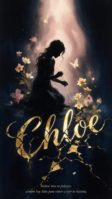 Chloe diseño 6 - Composición de ilustración semirrealista cinematográfica con silueta femenina tejiendo un hilo dorado de luz sobre un suelo oscuro fracturado al estilo Kintsugi, donde el nombre resalta en un prominente guión caligráfico dorado que emerge de las grietas, rodeado de flores blancas, mariposas y un fondo degradado de azules profundos iluminado por una luz celestial en tonos melocotón y crema, con una frase de aliento en tipografía blanca en la parte inferior.