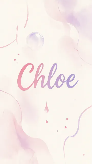 Chloe diseño 7 - Diseño abstracto en acuarela sobre fondo crema, con manchas fluidas y etéreas en rosa pastel y lila, líneas curvas que aportan movimiento, pequeñas gotas salpicadas cayendo verticalmente y una burbuja translúcida en la parte superior izquierda. El nombre resalta al centro con una tipografía cursiva amplia y elegante en degradado rosa a morado.