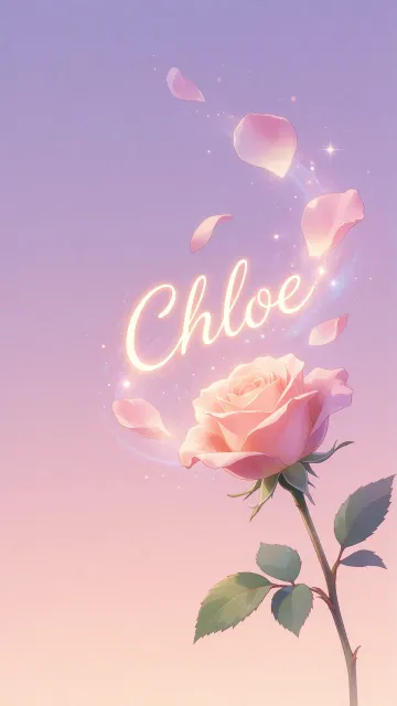 Chloe diseño 8 - Fondo de Pantalla con degradado suave que transiciona de lila en la parte superior a melocotón y rosa pastel en la base, destacando una rosa rosada hiperrealista con tallo y hojas verdes. El nombre brilla en tipografía cursiva con efecto neón cálido, adornado con pétalos cayendo y chispas de luz mágica.