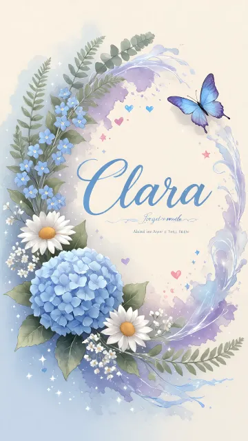 Clara diseño 1 - Hortensias azules, flores pequeñas y acuarela suave con mariposas azules y brillo etéreo
