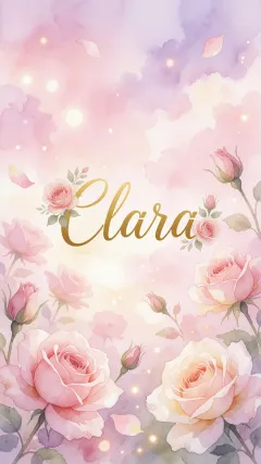 Clara - Diseño estilo acuarela con un fondo etéreo y texturizado en nubes de tonos rosa pastel y lila suave. Presenta composiciones de rosas abiertas y capullos en los bordes inferior y superior, con pétalos cayendo delicadamente. Incorpora destellos de luz cálida (efecto bokeh) y, en el centro, resalta una tipografía elegante, cursiva y fluida en color dorado.