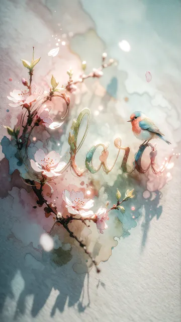 Clara diseño 11 - Un delicado diseño de estilo acuarela digital que combina una tipografía de caligrafía personalizada para el nombre en tonos dorados y rosados suaves, adornada con pequeñas hojas y brotes. Un pajarito azul y naranja vibrante está posado en una de las letras. Todo está rodeado por un marco circular de ramas de cerezo en flor con delicadas flores rosadas y blancas. El fondo es un lavado de acuarela difuminado en tonos pastel suaves de azul cerceta, rosa rubor y melocotón sobre una textura de papel rugoso, con destellos luminosos y motas de luz bokeh flotando alrededor, creando una atmósfera mágica y soñadora. Las sombras suaves proyectadas añaden profundidad.