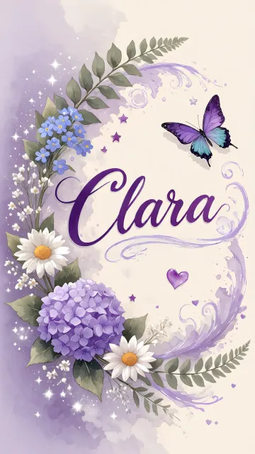 Clara diseño 2 - Diseño elegante de hortensias en tonos lila y morados suaves, con volutas estilizadas y una mariposa mística que aporta un toque etéreo y mágico.