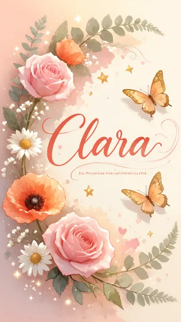 Clara diseño 3 - Elegante composición de rosas rosadas y amapolas naranjas con mariposas doradas brillantes sobre un fondo cálido, romántico y mágico.