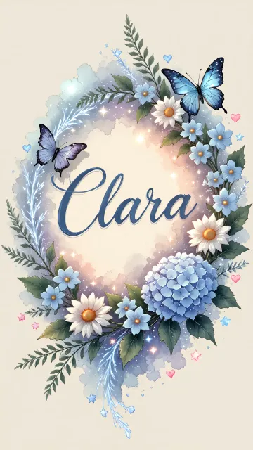 Clara diseño 4 - Composición magica con nombre en letra cursiva azul, rodeado de hortensias azules, margaritas blancas y delicadas flores silvestres, enmarcado por suaves remolinos de agua, mariposas azules y destellos estelares sobre un fondo etéreo y romántico.