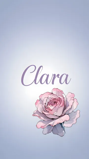 Clara diseño 5 - Nombre en elegante tipografía cursiva caligráfica en tono lavanda, sobre fondo acuarela de cielo nublado en tonos pastel (azul, blanco, lavanda), decorado con rosa en acuarela de pétalos rosa pálido, blanco crema y lilas suaves con hojas en gris-verde.