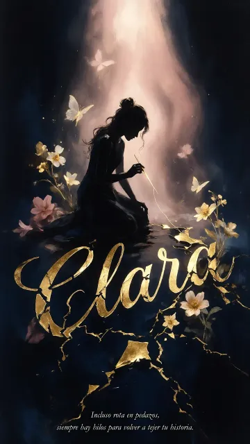Clara diseño 6 - Composición de ilustración semirrealista cinematográfica con silueta femenina tejiendo un hilo dorado de luz sobre un suelo oscuro fracturado al estilo Kintsugi, donde el nombre resalta en un prominente guión caligráfico dorado que emerge de las grietas, rodeado de flores blancas, mariposas y un fondo degradado de azules profundos iluminado por una luz celestial en tonos melocotón y crema, con una frase de aliento en tipografía blanca en la parte inferior.