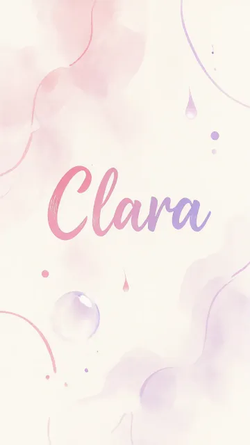 Clara diseño 7 - Diseño abstracto en acuarela sobre fondo crema, con manchas fluidas y etéreas en rosa pastel y lila, líneas curvas que aportan movimiento, pequeñas gotas salpicadas cayendo verticalmente y una burbuja translúcida en la parte superior izquierda. El nombre resalta al centro con una tipografía cursiva amplia y elegante en degradado rosa a morado.