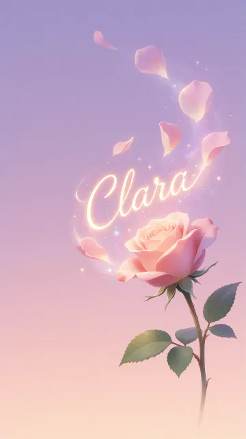 Clara diseño 8 - Fondo de Pantalla con degradado suave que transiciona de lila en la parte superior a melocotón y rosa pastel en la base, destacando una rosa rosada hiperrealista con tallo y hojas verdes. El nombre brilla en tipografía cursiva con efecto neón cálido, adornado con pétalos cayendo y chispas de luz mágica.