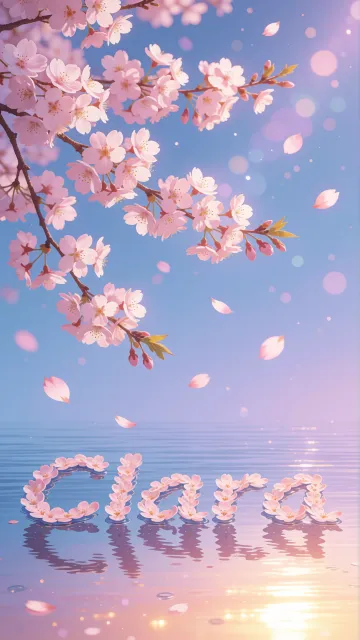 Clara diseño 9 - Composición serena y onírica con ramas de cerezo en flor (sakura) en la parte superior contra un cielo en degradado de azul suave y lila. Pétalos de color rosa pastel flotan delicadamente en el aire cayendo hacia una superficie de agua tranquila y cristalina. En el centro inferior, el nombre está formado por pétalos de flores con un sutil efecto de relieve 3D y tipografía floral, reflejándose sobre el agua que está iluminada por un cálido destello dorado de luz solar en la esquina inferior derecha.
