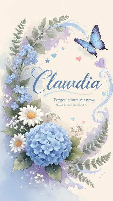 Claudia diseño 1 - Hortensias azules, flores pequeñas y acuarela suave con mariposas azules y brillo etéreo