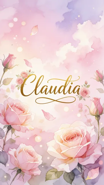 Claudia diseño 10 - Diseño estilo acuarela con un fondo etéreo y texturizado en nubes de tonos rosa pastel y lila suave. Presenta composiciones de rosas abiertas y capullos en los bordes inferior y superior, con pétalos cayendo delicadamente. Incorpora destellos de luz cálida (efecto bokeh) y, en el centro, resalta una tipografía elegante, cursiva y fluida en color dorado.