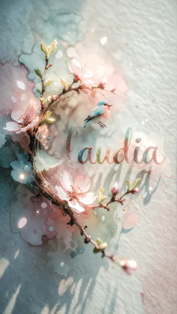 Claudia diseño 11 - Un delicado diseño de estilo acuarela digital que combina una tipografía de caligrafía personalizada para el nombre en tonos dorados y rosados suaves, adornada con pequeñas hojas y brotes. Un pajarito azul y naranja vibrante está posado en una de las letras. Todo está rodeado por un marco circular de ramas de cerezo en flor con delicadas flores rosadas y blancas. El fondo es un lavado de acuarela difuminado en tonos pastel suaves de azul cerceta, rosa rubor y melocotón sobre una textura de papel rugoso, con destellos luminosos y motas de luz bokeh flotando alrededor, creando una atmósfera mágica y soñadora. Las sombras suaves proyectadas añaden profundidad.