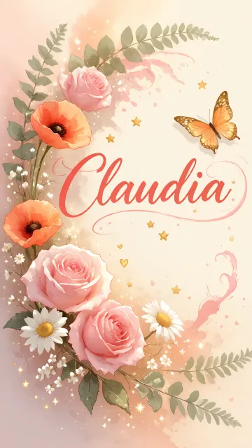 Claudia diseño 3 - Elegante composición de rosas rosadas y amapolas naranjas con mariposas doradas brillantes sobre un fondo cálido, romántico y mágico.