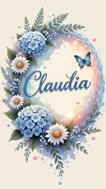 Claudia diseño 4 - Composición magica con nombre en letra cursiva azul, rodeado de hortensias azules, margaritas blancas y delicadas flores silvestres, enmarcado por suaves remolinos de agua, mariposas azules y destellos estelares sobre un fondo etéreo y romántico.