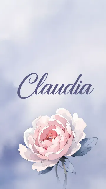 Claudia diseño 5 - Nombre en elegante tipografía cursiva caligráfica en tono lavanda, sobre fondo acuarela de cielo nublado en tonos pastel (azul, blanco, lavanda), decorado con rosa en acuarela de pétalos rosa pálido, blanco crema y lilas suaves con hojas en gris-verde.