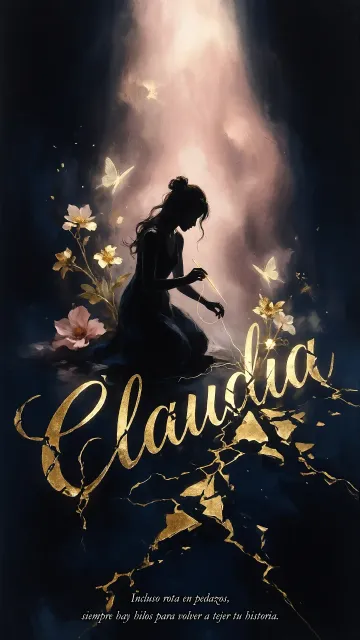 Claudia diseño 6 - Composición de ilustración semirrealista cinematográfica con silueta femenina tejiendo un hilo dorado de luz sobre un suelo oscuro fracturado al estilo Kintsugi, donde el nombre resalta en un prominente guión caligráfico dorado que emerge de las grietas, rodeado de flores blancas, mariposas y un fondo degradado de azules profundos iluminado por una luz celestial en tonos melocotón y crema, con una frase de aliento en tipografía blanca en la parte inferior.