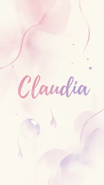 Claudia diseño 7 - Diseño abstracto en acuarela sobre fondo crema, con manchas fluidas y etéreas en rosa pastel y lila, líneas curvas que aportan movimiento, pequeñas gotas salpicadas cayendo verticalmente y una burbuja translúcida en la parte superior izquierda. El nombre resalta al centro con una tipografía cursiva amplia y elegante en degradado rosa a morado.