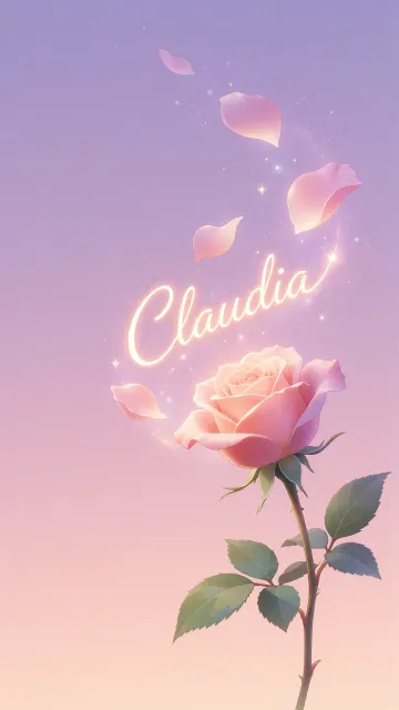 Claudia diseño 8 - Fondo de Pantalla con degradado suave que transiciona de lila en la parte superior a melocotón y rosa pastel en la base, destacando una rosa rosada hiperrealista con tallo y hojas verdes. El nombre brilla en tipografía cursiva con efecto neón cálido, adornado con pétalos cayendo y chispas de luz mágica.