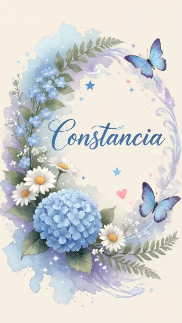 Constancia diseño 1 - Hortensias azules, flores pequeñas y acuarela suave con mariposas azules y brillo etéreo
