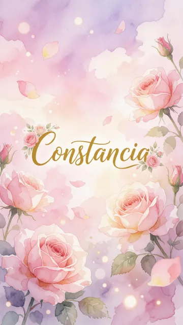 Constancia diseño 10 - Diseño estilo acuarela con un fondo etéreo y texturizado en nubes de tonos rosa pastel y lila suave. Presenta composiciones de rosas abiertas y capullos en los bordes inferior y superior, con pétalos cayendo delicadamente. Incorpora destellos de luz cálida (efecto bokeh) y, en el centro, resalta una tipografía elegante, cursiva y fluida en color dorado.
