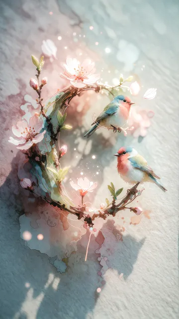 Constancia diseño 11 - Un delicado diseño de estilo acuarela digital que combina una tipografía de caligrafía personalizada para el nombre en tonos dorados y rosados suaves, adornada con pequeñas hojas y brotes. Un pajarito azul y naranja vibrante está posado en una de las letras. Todo está rodeado por un marco circular de ramas de cerezo en flor con delicadas flores rosadas y blancas. El fondo es un lavado de acuarela difuminado en tonos pastel suaves de azul cerceta, rosa rubor y melocotón sobre una textura de papel rugoso, con destellos luminosos y motas de luz bokeh flotando alrededor, creando una atmósfera mágica y soñadora. Las sombras suaves proyectadas añaden profundidad.