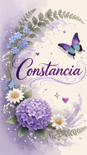 Constancia diseño 2 - Diseño elegante de hortensias en tonos lila y morados suaves, con volutas estilizadas y una mariposa mística que aporta un toque etéreo y mágico.