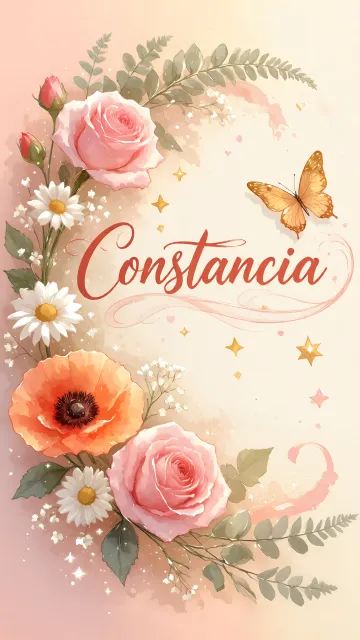 Constancia diseño 3 - Elegante composición de rosas rosadas y amapolas naranjas con mariposas doradas brillantes sobre un fondo cálido, romántico y mágico.