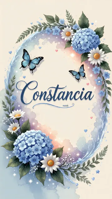Constancia diseño 4 - Composición magica con nombre en letra cursiva azul, rodeado de hortensias azules, margaritas blancas y delicadas flores silvestres, enmarcado por suaves remolinos de agua, mariposas azules y destellos estelares sobre un fondo etéreo y romántico.