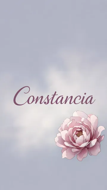Constancia diseño 5 - Nombre en elegante tipografía cursiva caligráfica en tono lavanda, sobre fondo acuarela de cielo nublado en tonos pastel (azul, blanco, lavanda), decorado con rosa en acuarela de pétalos rosa pálido, blanco crema y lilas suaves con hojas en gris-verde.