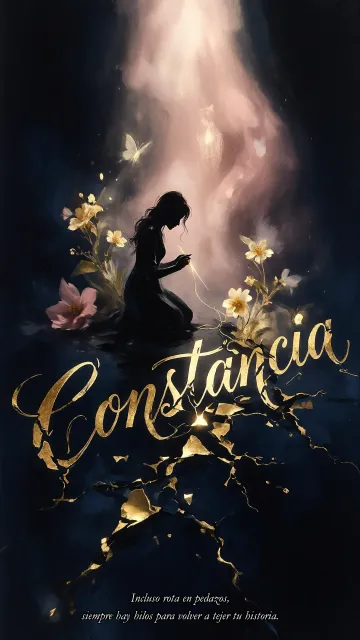 Constancia diseño 6 - Composición de ilustración semirrealista cinematográfica con silueta femenina tejiendo un hilo dorado de luz sobre un suelo oscuro fracturado al estilo Kintsugi, donde el nombre resalta en un prominente guión caligráfico dorado que emerge de las grietas, rodeado de flores blancas, mariposas y un fondo degradado de azules profundos iluminado por una luz celestial en tonos melocotón y crema, con una frase de aliento en tipografía blanca en la parte inferior.