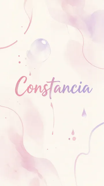 Constancia diseño 7 - Diseño abstracto en acuarela sobre fondo crema, con manchas fluidas y etéreas en rosa pastel y lila, líneas curvas que aportan movimiento, pequeñas gotas salpicadas cayendo verticalmente y una burbuja translúcida en la parte superior izquierda. El nombre resalta al centro con una tipografía cursiva amplia y elegante en degradado rosa a morado.