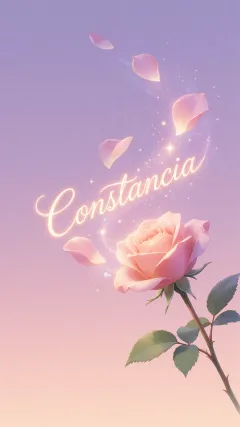 Constancia - Fondo de Pantalla con degradado suave que transiciona de lila en la parte superior a melocotón y rosa pastel en la base, destacando una rosa rosada hiperrealista con tallo y hojas verdes. El nombre brilla en tipografía cursiva con efecto neón cálido, adornado con pétalos cayendo y chispas de luz mágica.