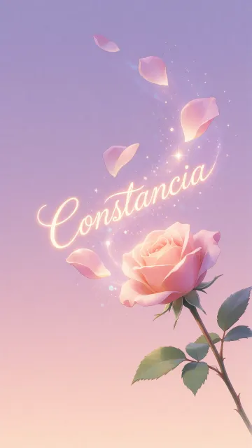 Constancia diseño 8 - Fondo de Pantalla con degradado suave que transiciona de lila en la parte superior a melocotón y rosa pastel en la base, destacando una rosa rosada hiperrealista con tallo y hojas verdes. El nombre brilla en tipografía cursiva con efecto neón cálido, adornado con pétalos cayendo y chispas de luz mágica.
